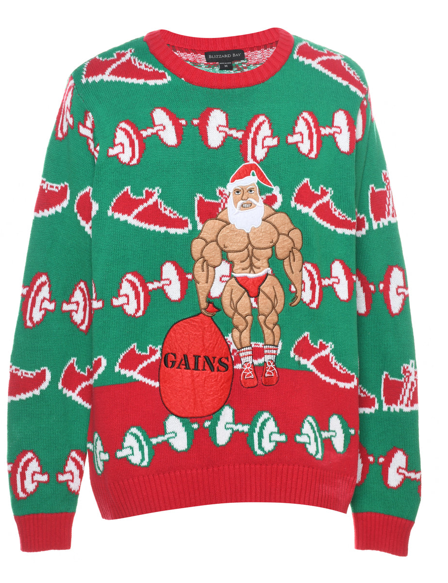 Green & Red Santa Claus Design Jumper - M