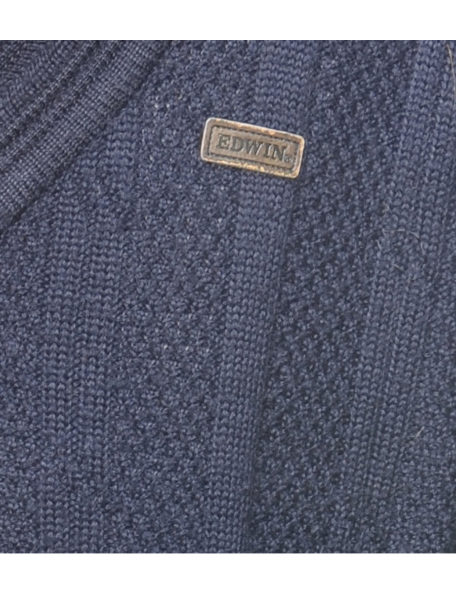 Cable Knit Navy V-Neck Jumper - L