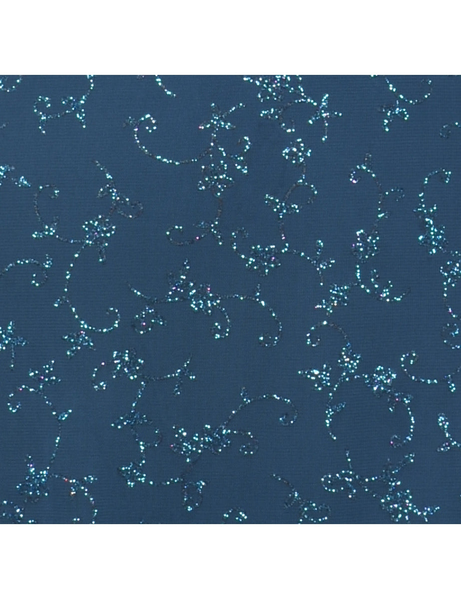 Floral Print Teal Sparkly Y2K Handkerchief Hem Evening Dress - M