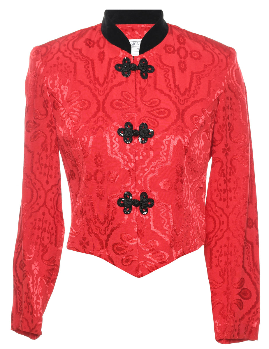Jacquard Design Red & Black Contrast Collar Evening Jacket - S