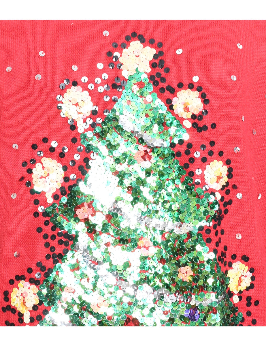 Christmas Tree Design Red Sequined Jumper - L