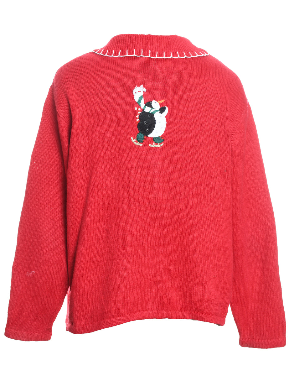 Red Penguin Design Christmas Cardigan - L