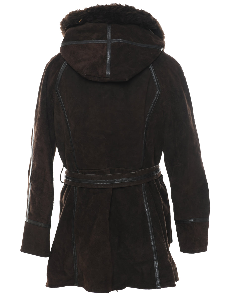 Dark Brown Faux Fur Lined Suede Coat - S