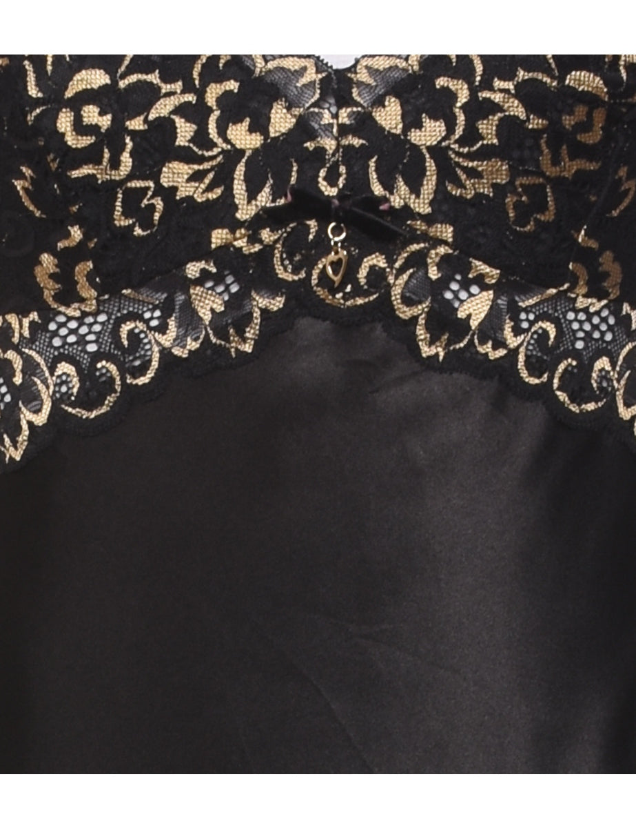 Black & Gold 1990s Lace Trim Slip Dress - S