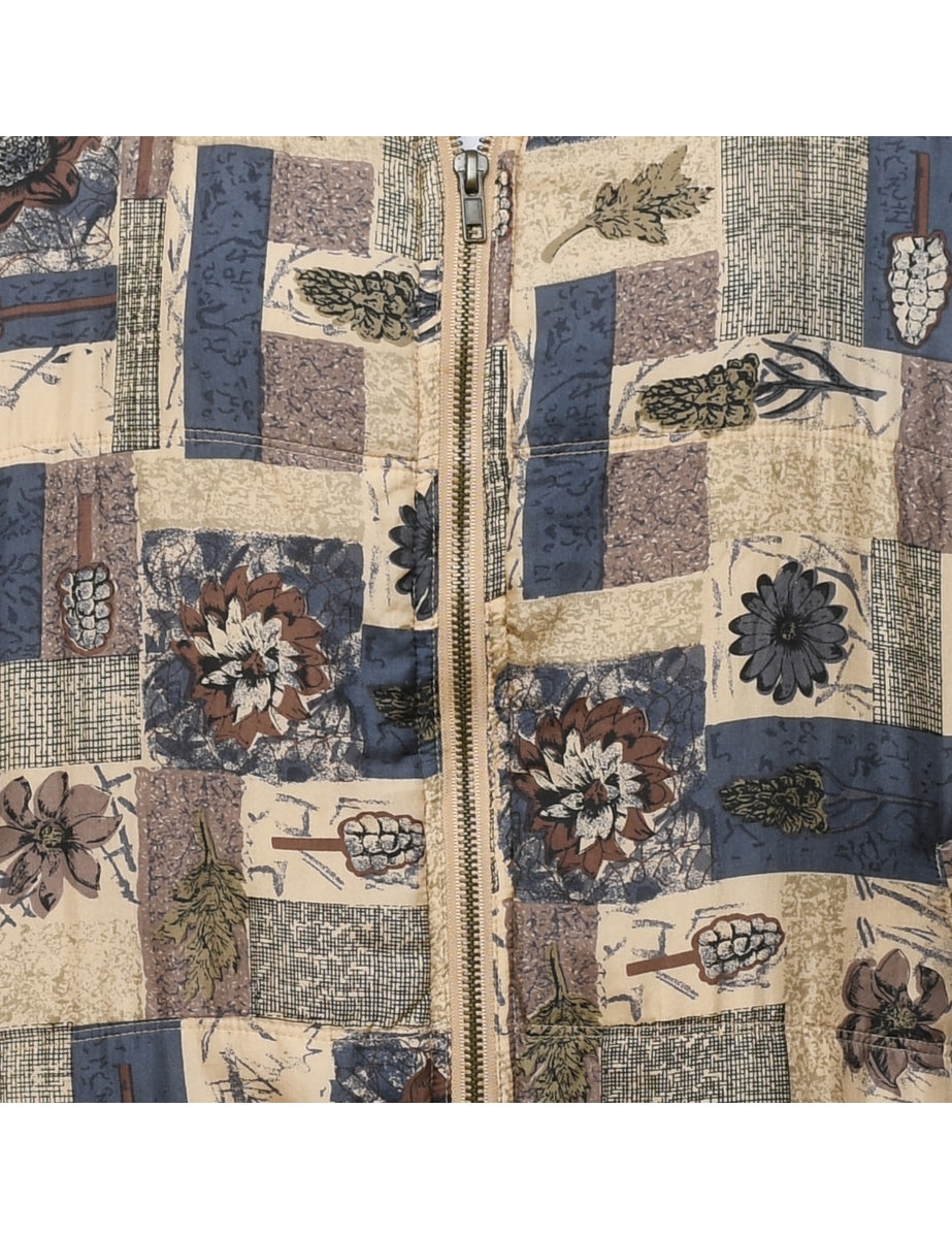 Floral Pattern Beige & Navy Silk Jacket - M