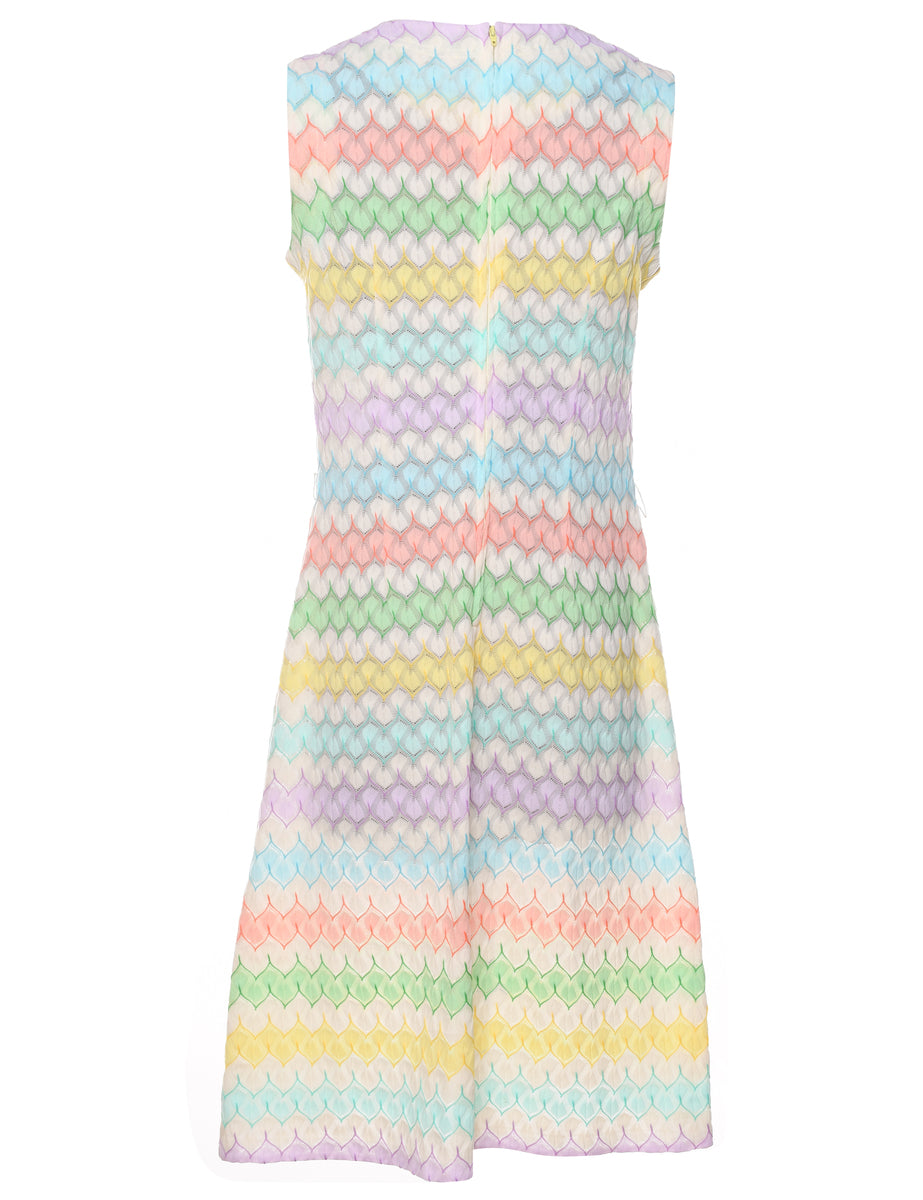1970s Embroidered Pastel Multi-Colour Sleeveless Dress - M
