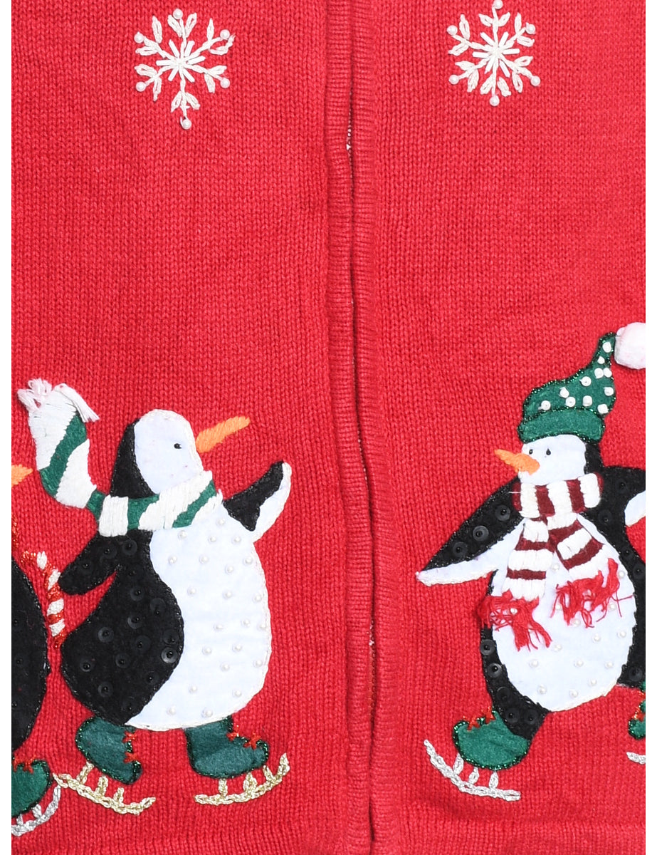 Red Penguin Design Christmas Cardigan - L