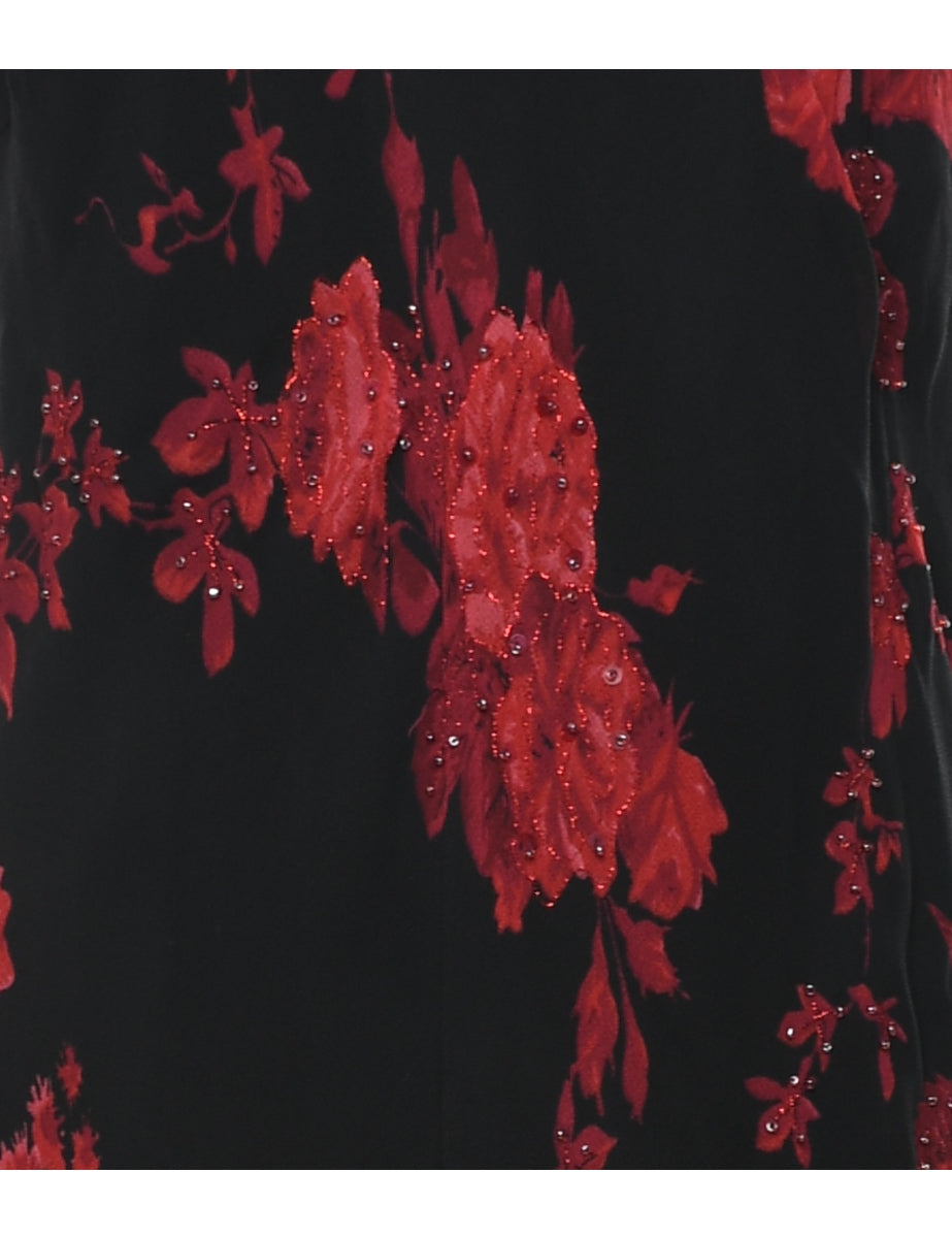 Floral Pattern Beaded Black & Red Y2K Dress - L