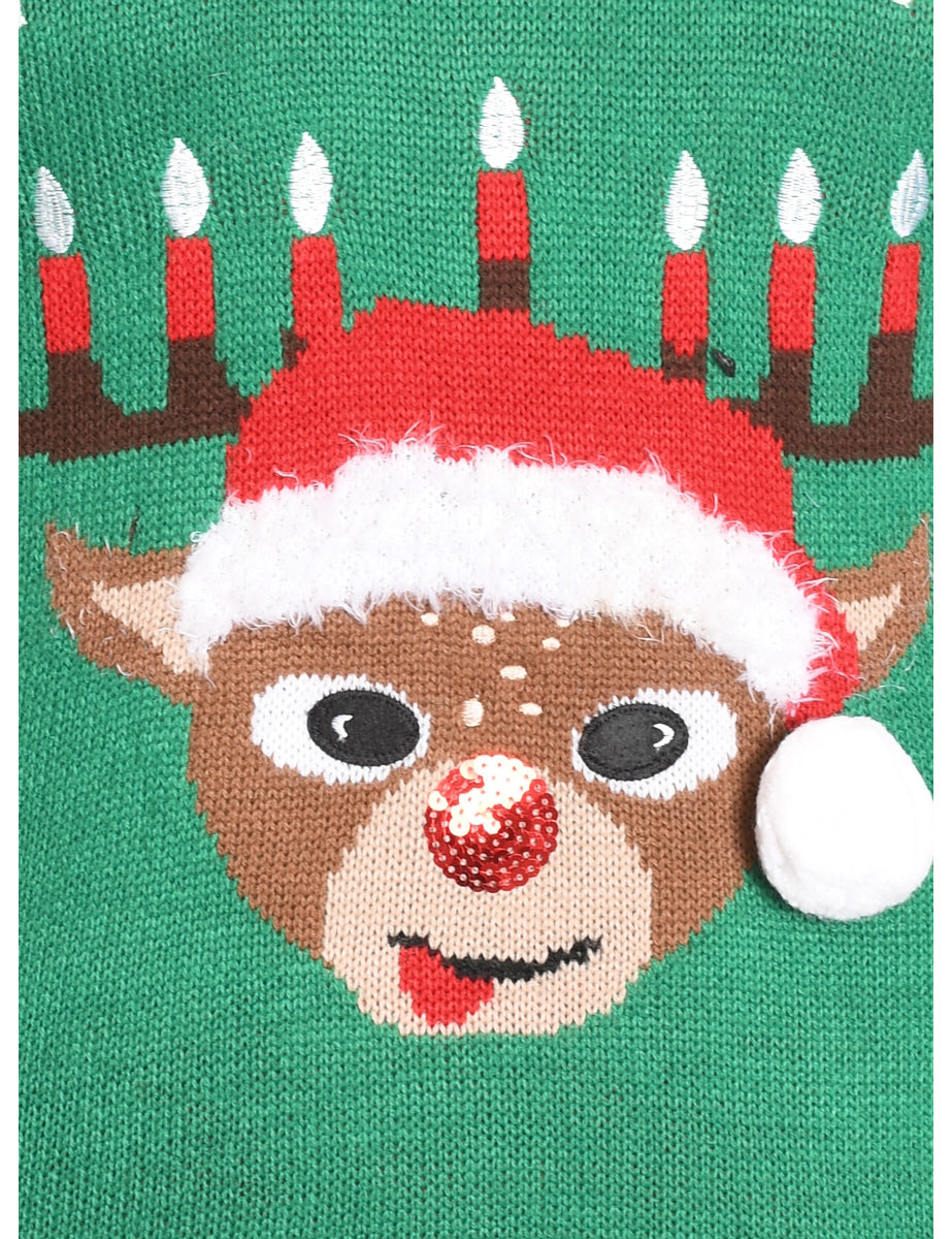 Green Nordic Reindeer Christmas Jumper - M