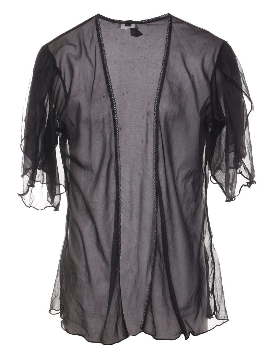 Classic Black Lace Trim Sheer Dressing Gown - M
