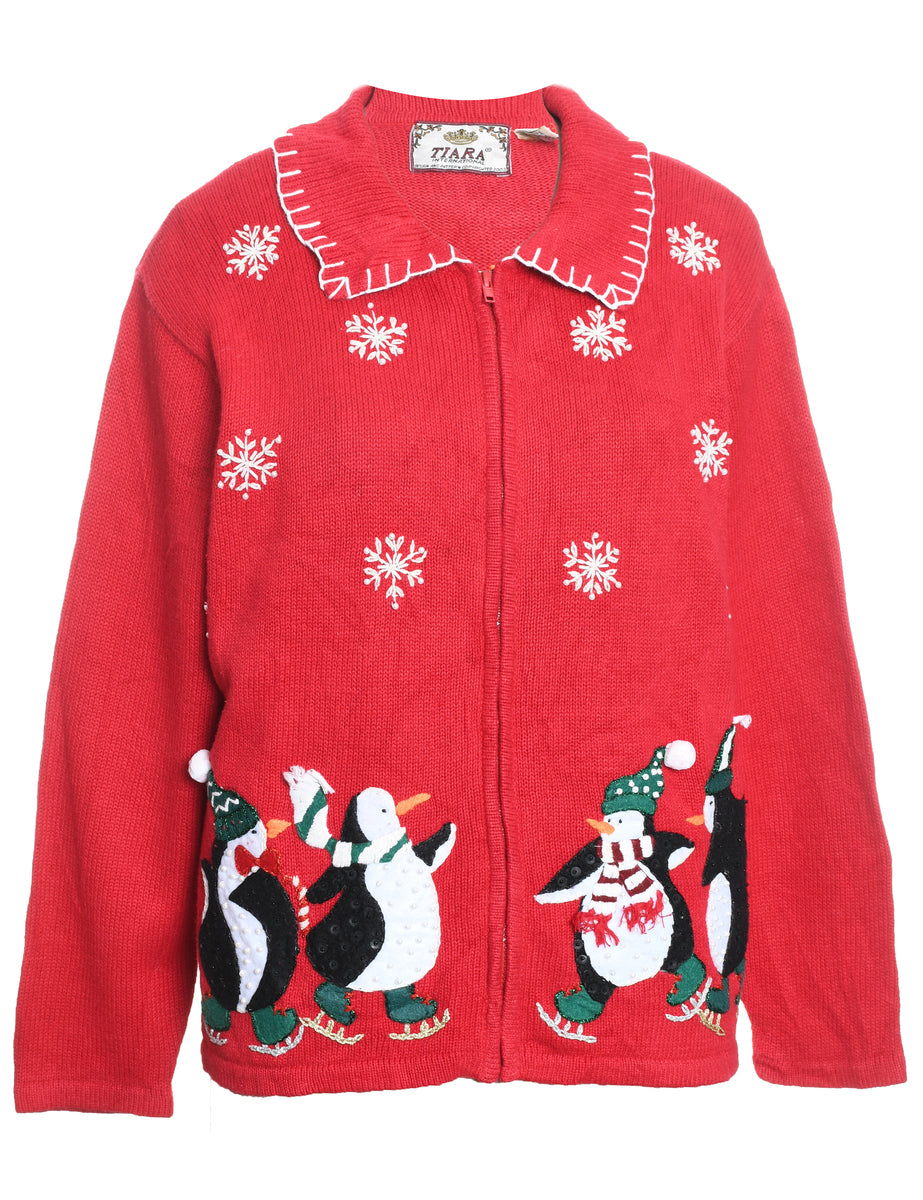 Red Penguin Design Christmas Cardigan - L