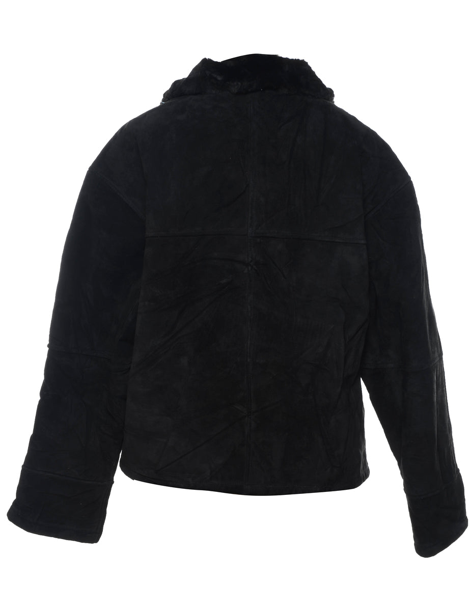 Black Shearling Lined Zip-Front Suede Jacket - M