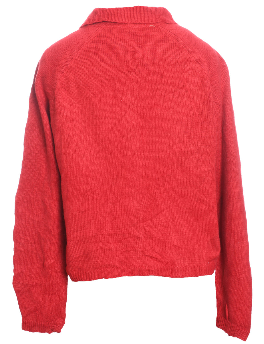 Snowman Design Red Embroidered Christmas Cardigan - L