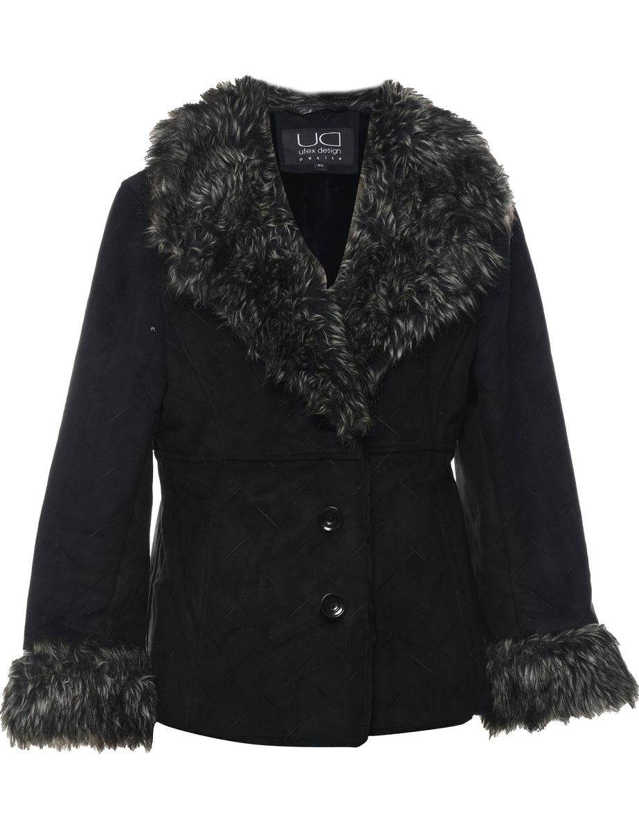 Single Breasted Black Faux Shearling Lined Afghan Jacket - L