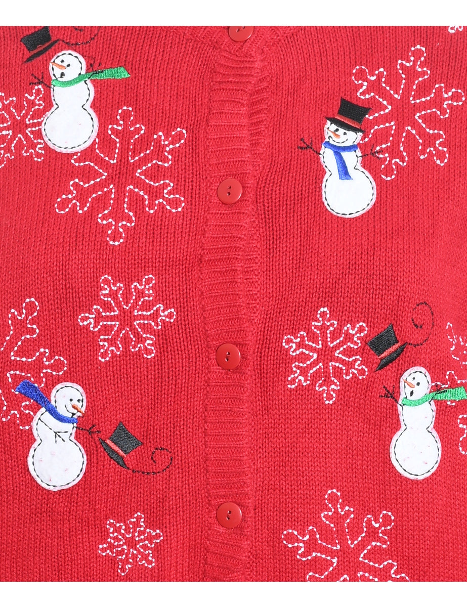 Snowman Design Red Embroidered Christmas Cardigan - M