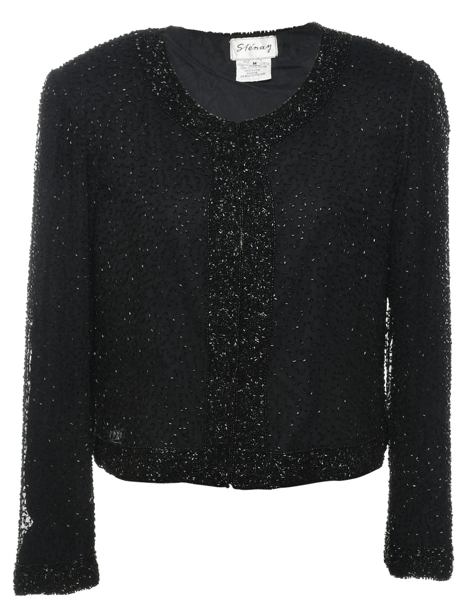 Black Beaded Silk Evening Jacket - M