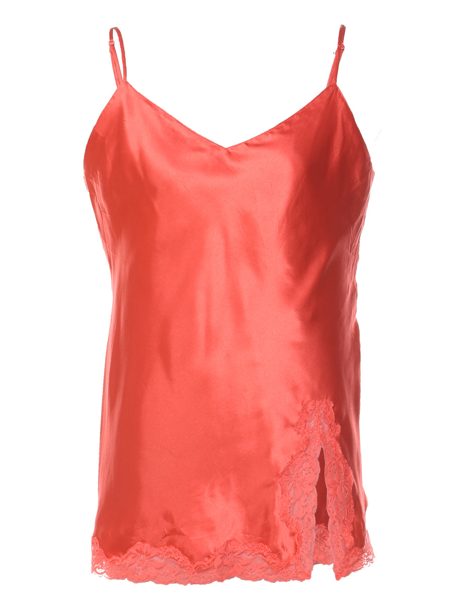 Red Lace Trim Silky Cami Top - M