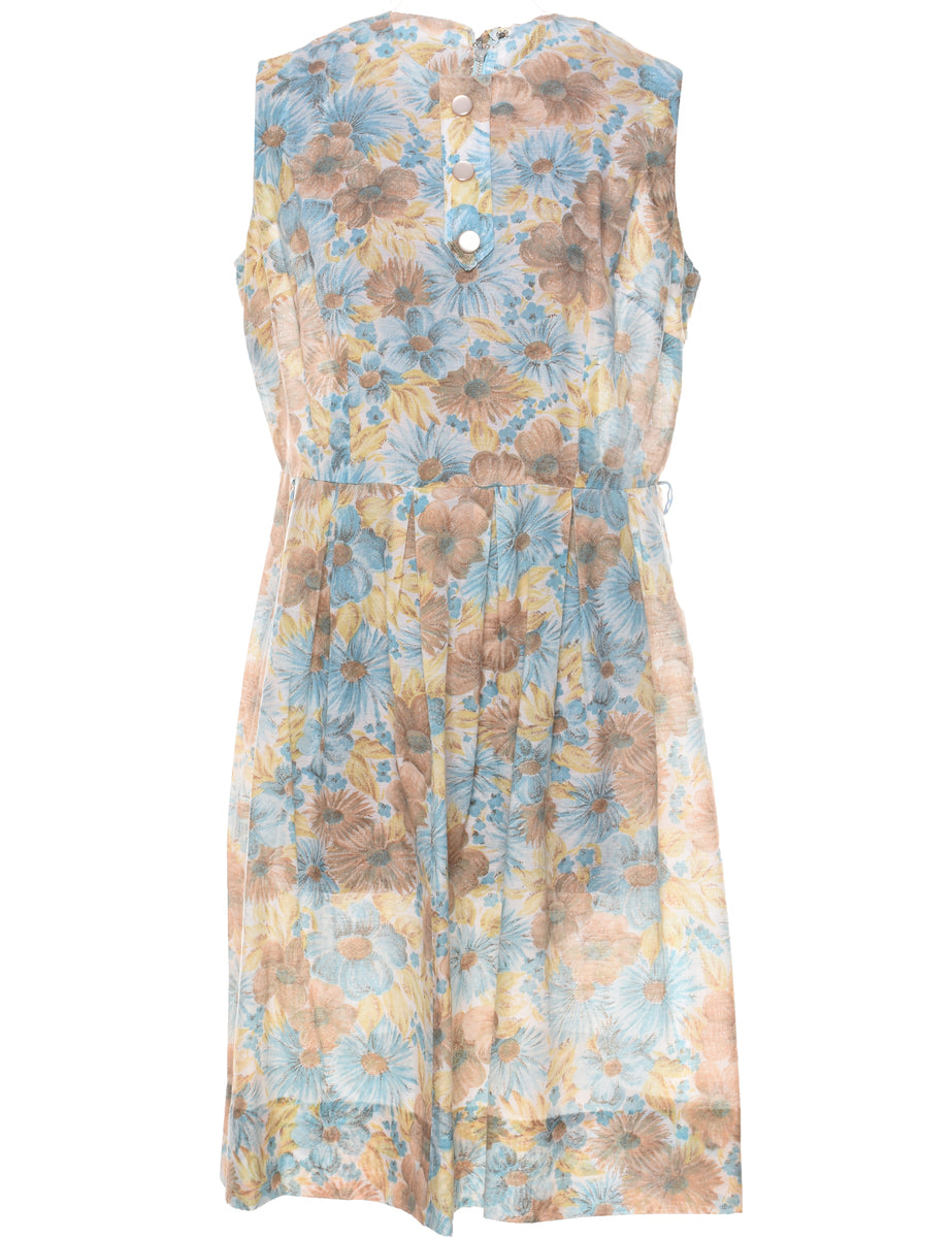 Light Brown & Light Blue 1960s Pleated Dress - L