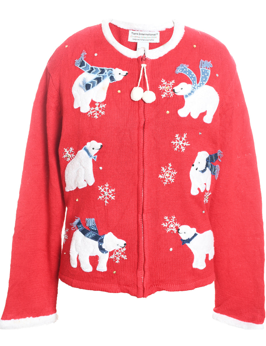 Polar Bear Design Red & White Appliqued Christmas Cardigan - L