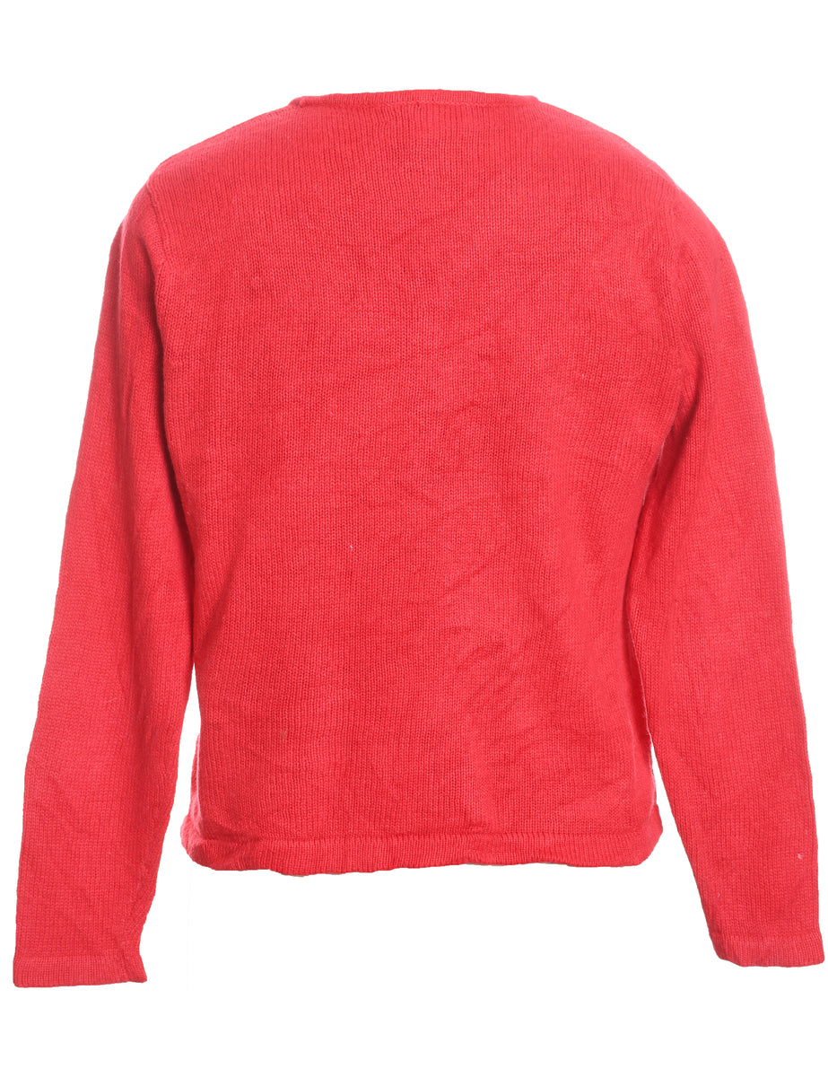 Snowman Design Red Appliqued Christmas Cardigan - S