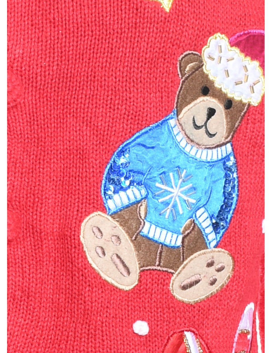 Teddy Bear Print Christmas Cardigan - S