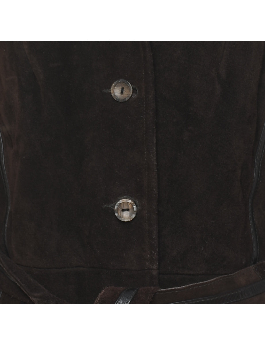 Dark Brown Faux Fur Lined Suede Coat - S