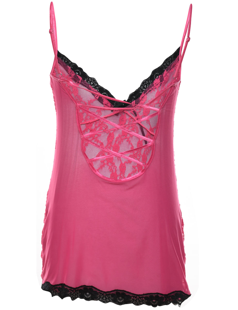 Pink Y2K Sheer Lace Cami Top - M