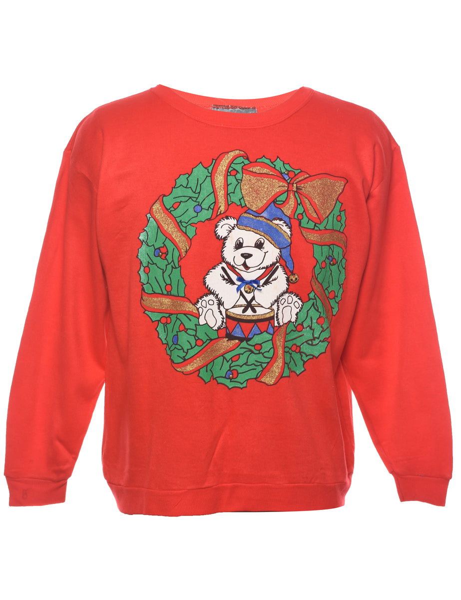 Teddy Bear Print Christmas Sweatshirt - L