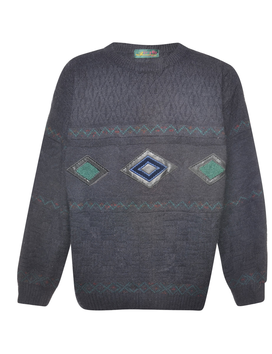 Grey Embroidered Argyle Design Jumper  - L