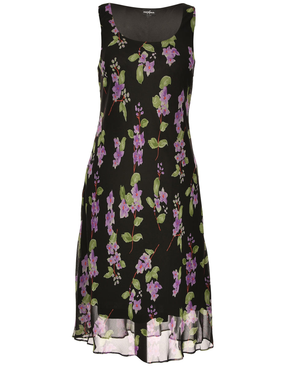 Purple & Black Floral Print Dress - L